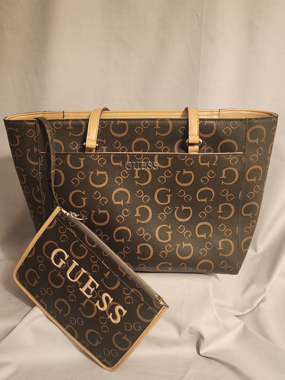 GUESS Brown and Tan Monogram Tote with Matching Pouch